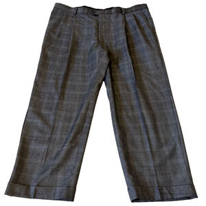 Hart Schaffner Marx Gold Men Wool Dress Pant 42x28 Gray Plaid Pleated Cuffed Hem